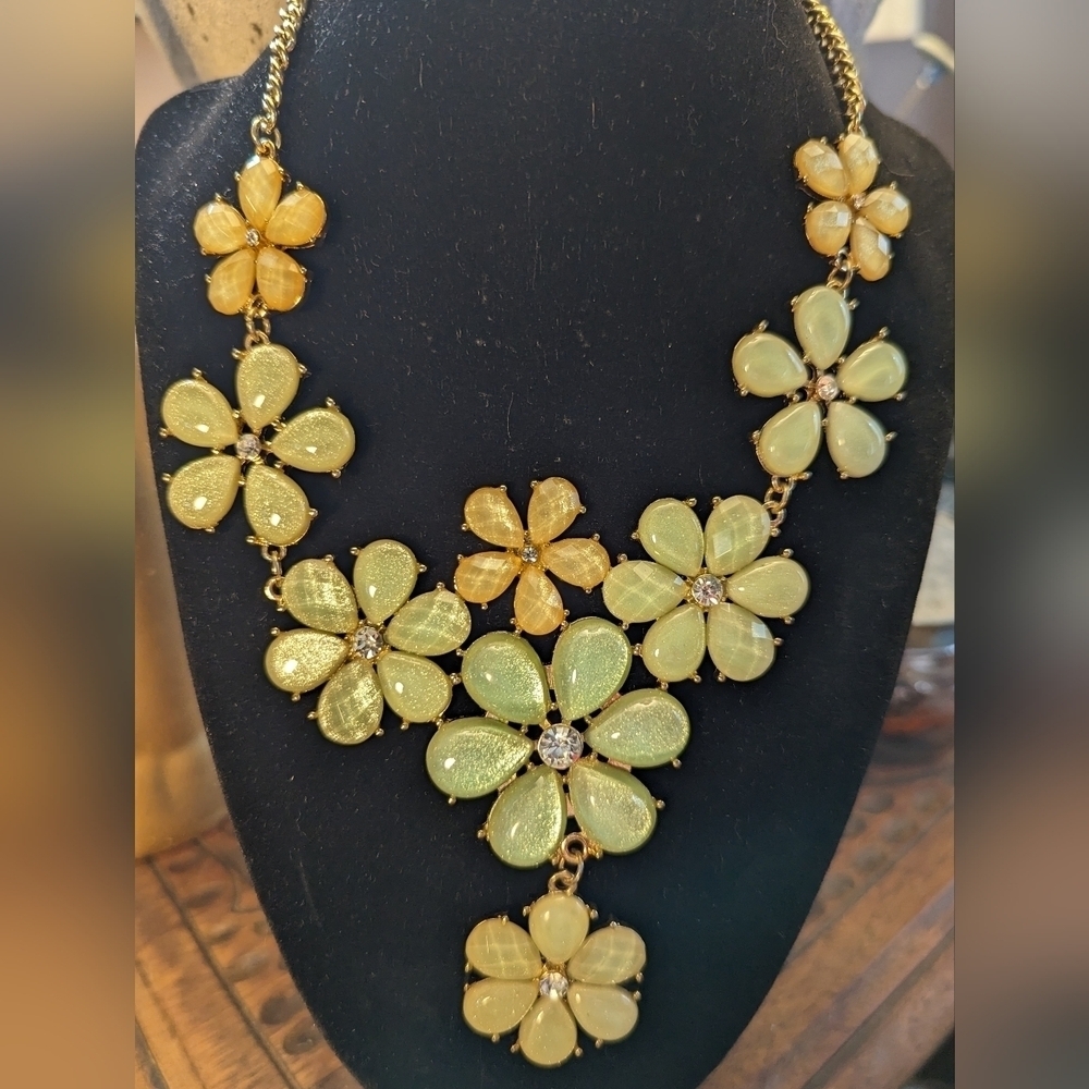 Floral necklace 9 flowers light green and yellow 10" bold bright statement